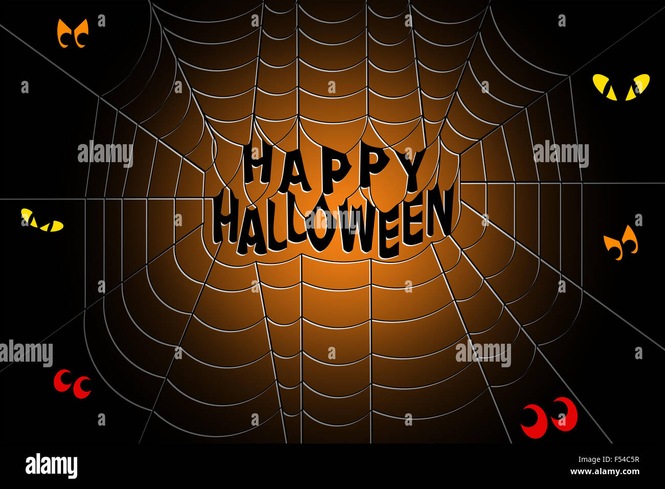 Happy Halloween s'effectue au sein d'une araignée fantasmagorique effrayant, avec les yeux brillant dans l'obscurité Banque D'Images