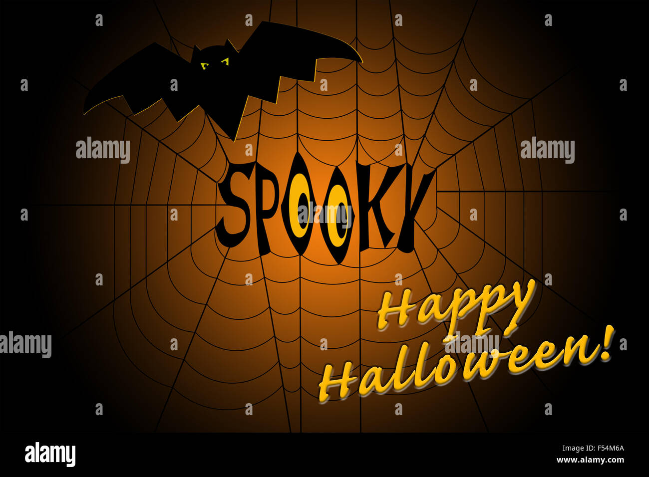 Mot spooky au milieu d'une toile d'araignée, avec un peu d'bat, et une bonne volonté Hallween sur gradient background Banque D'Images