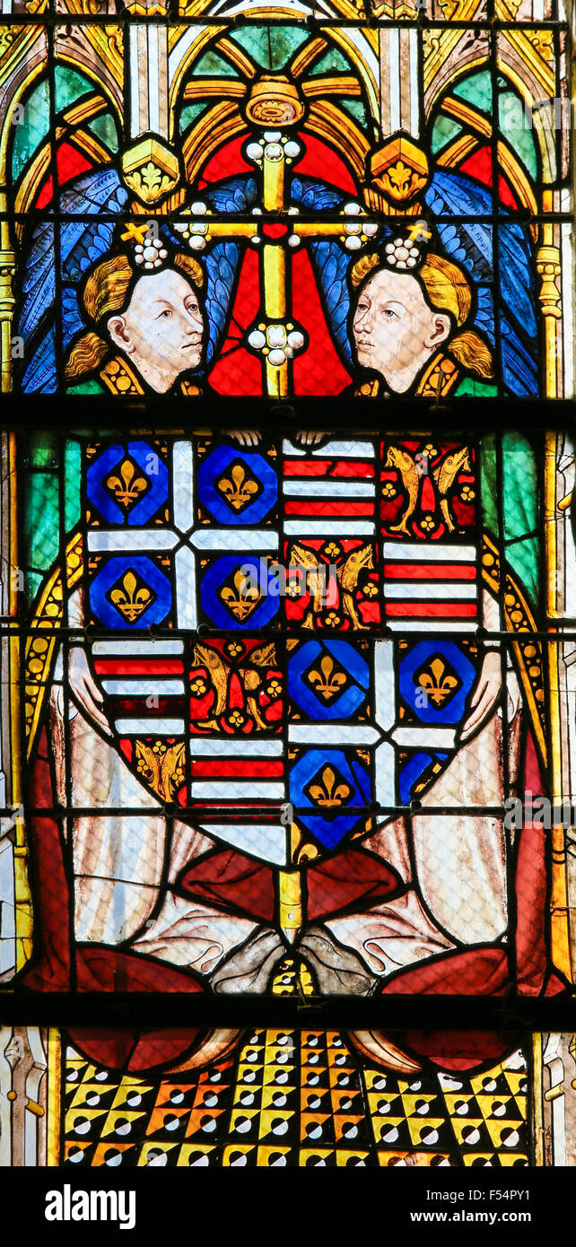 Vitrail représentant un blason dans la Cathédrale de Tours, France. Banque D'Images