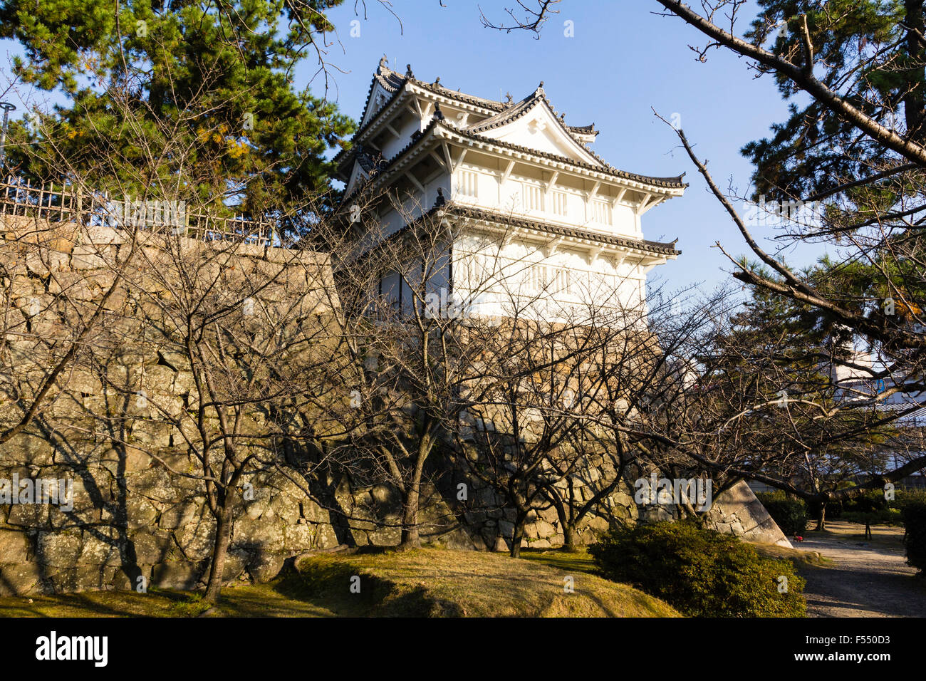 Le Japon, Fukuyama castle. La structure d'origine, la yagura Fushimi, tourelle, et des murs en pierre d'Ishigaki en plein soleil en hiver. Banque D'Images