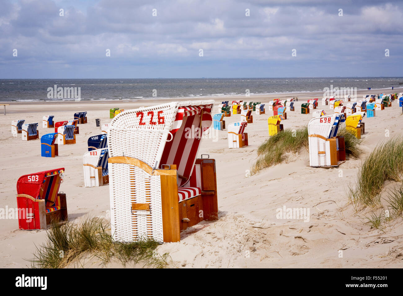 DEU, Allemagne, Schleswig-Holstein, Mer du Nord, Amrum island, chaises de plage à la plage près de Kniepsand Norddorf. DEU, Deutschland Banque D'Images