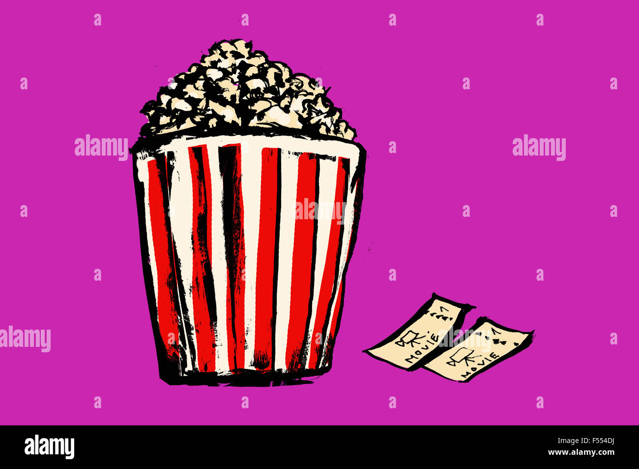 Illustration de boîte de pop-corn et des billets de cinéma contre fond rose Banque D'Images