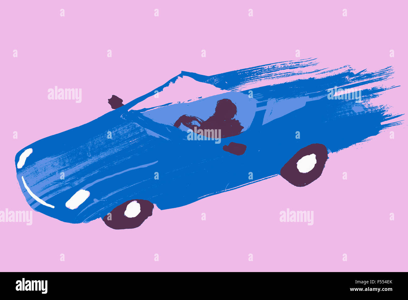 Image d'illustration de la personne qui conduit la voiture de sport bleu contre fond violet Banque D'Images