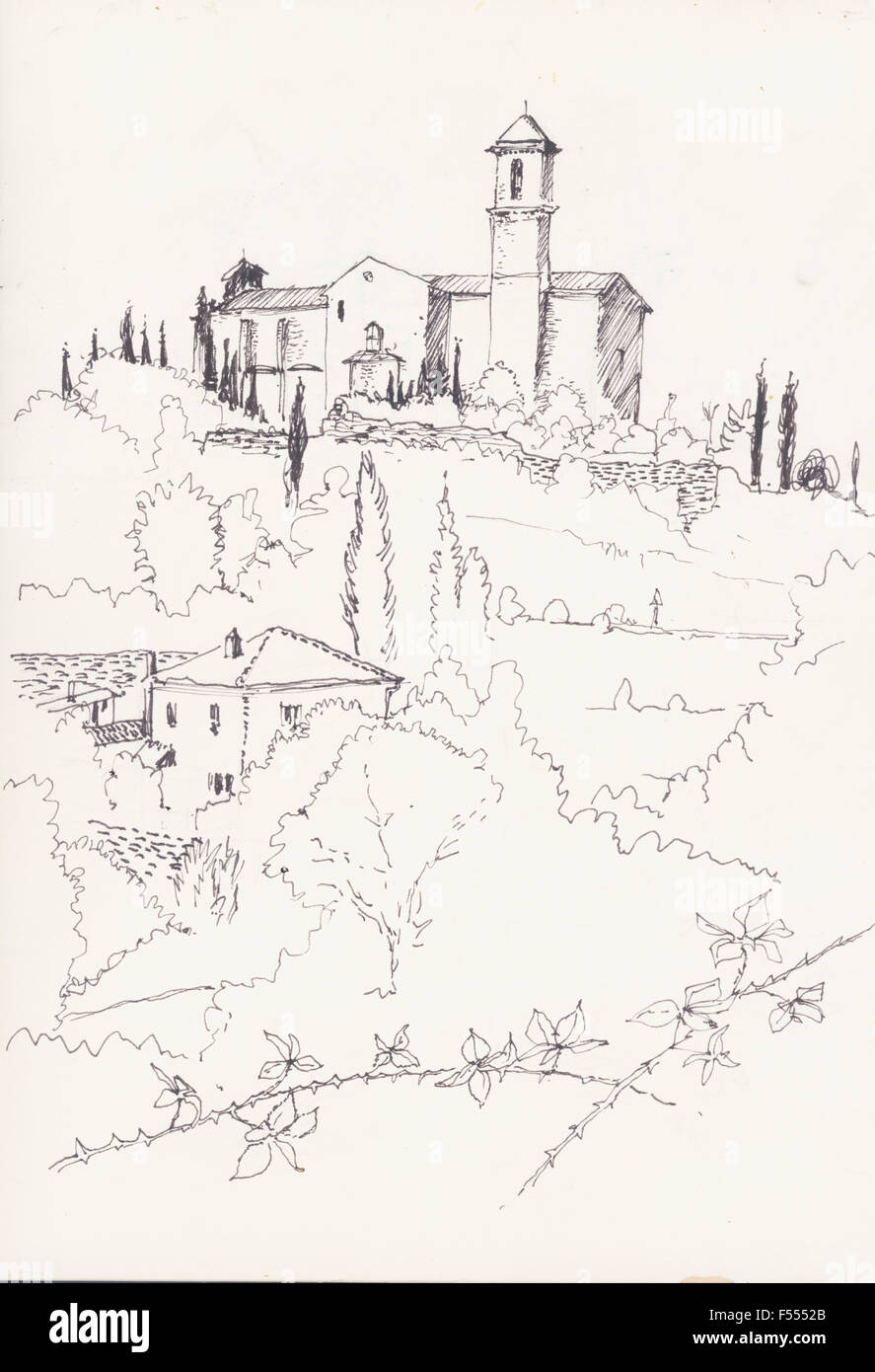 Croquis de maisons et arbres sur terrain contre fond blanc Banque D'Images