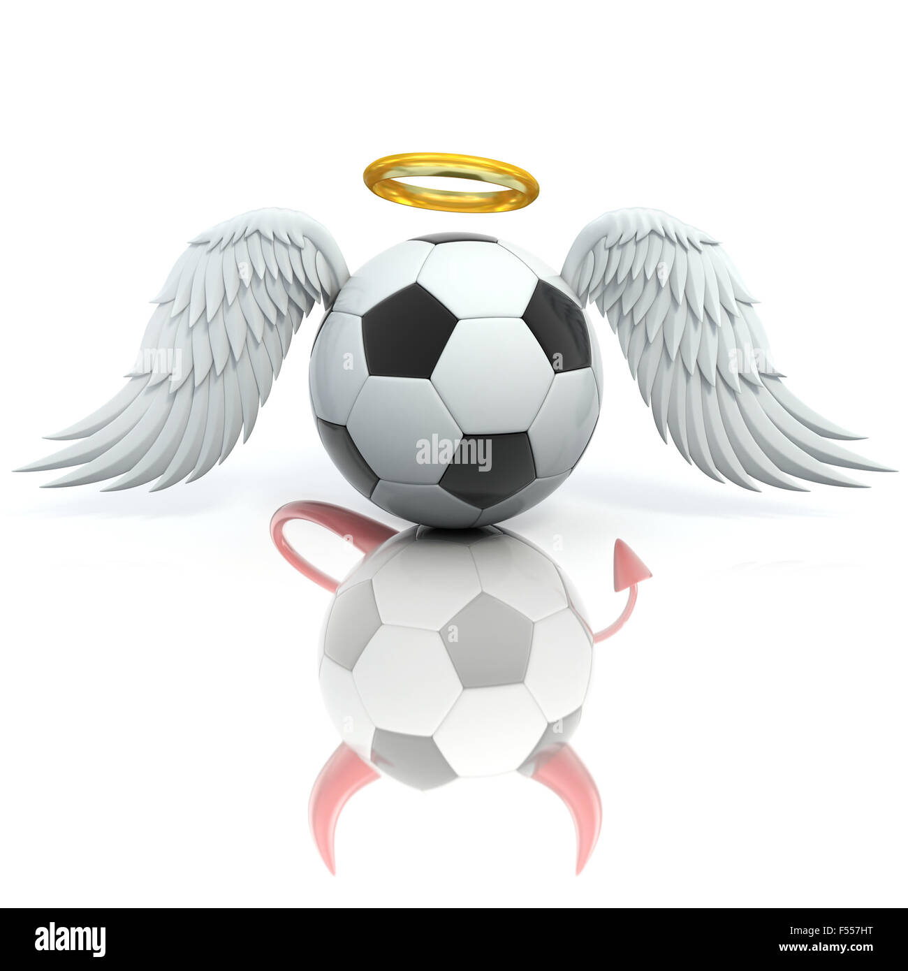 Concept 3d football funny angel - ballon de soccer vu comme un diable en réflexion Banque D'Images