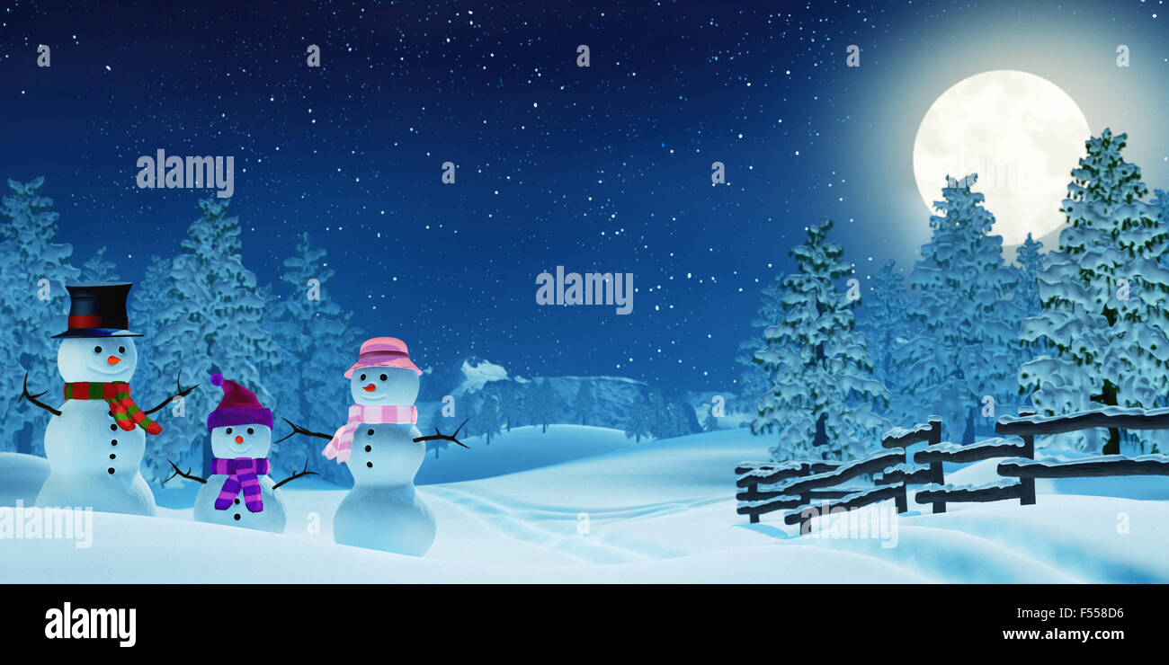 Un bonhomme de neige en famille dans un paysage de Noël dans la nuit. La scène est éclairée par la lumière de la pleine lune. Banque D'Images Un bonhomme de neige en famille dans un paysage de Noël dans la nuit. La scène est éclairée par la lumière de la pleine lune. Banque D'Images