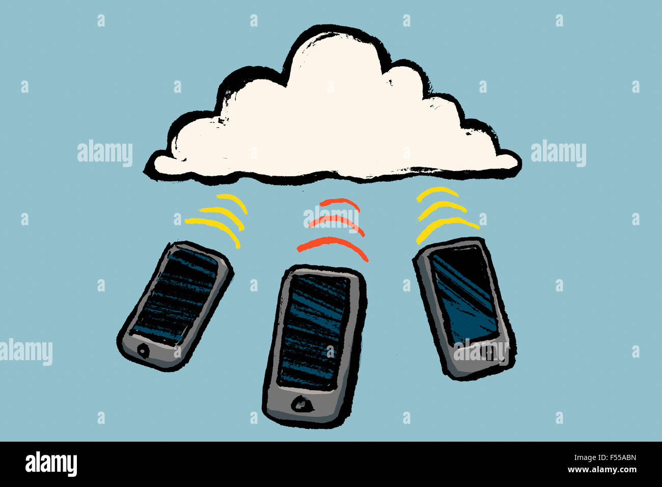 Illustration de téléphones intelligents et de nuages contre fond bleu Banque D'Images