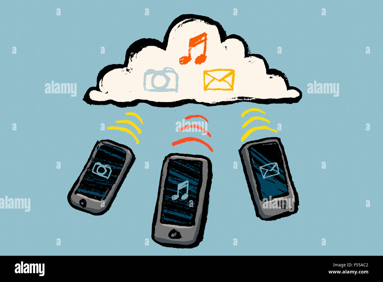 Illustration de téléphones intelligents et de nuages avec des symboles multimédia contre fond bleu Banque D'Images