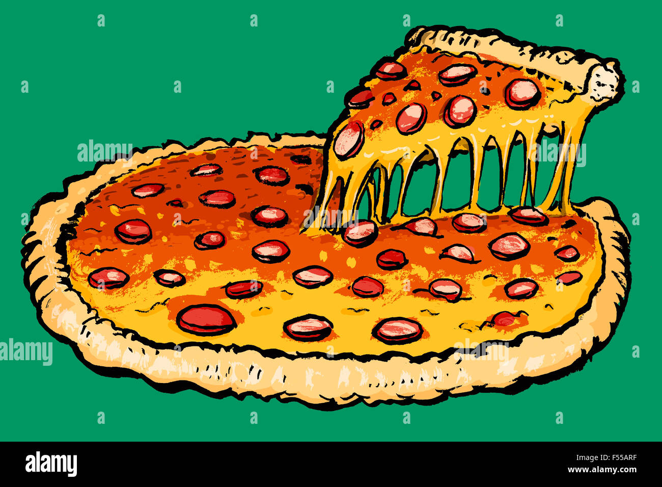 Illustration de pizzas fraîches contre fond vert Banque D'Images