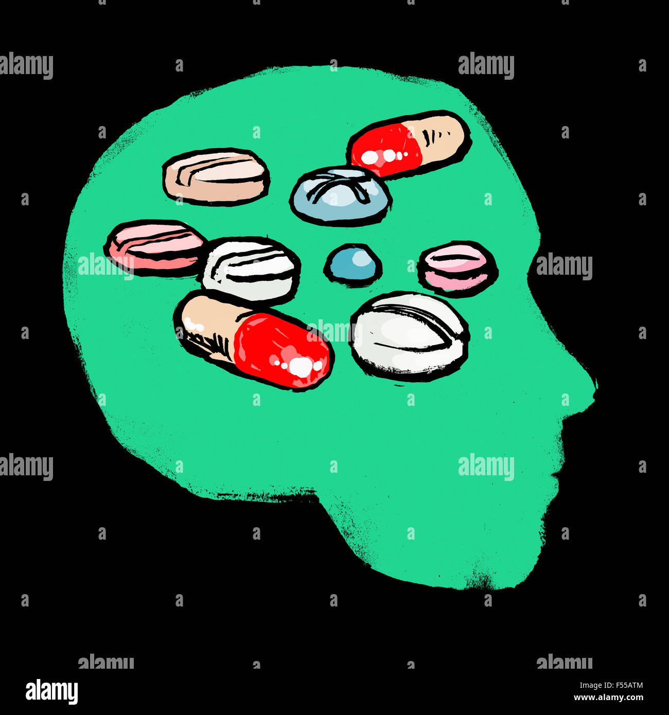 Illustration de médicaments dans la tête humaine sur fond noir Banque D'Images