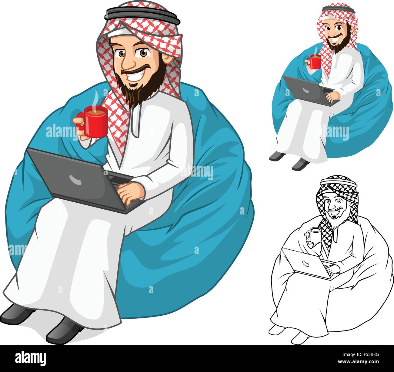 Moyen-orientale haute qualité Businessman Holding une tasse de café et s'asseoir avec l'ordinateur portable posent des personnage : Télévision Design Illustration de Vecteur