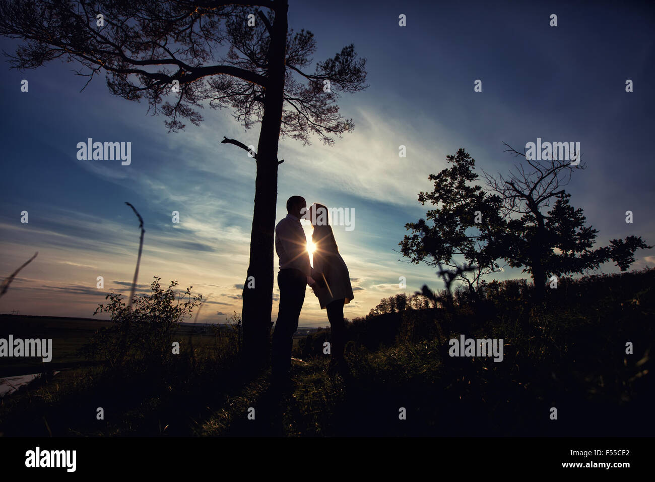 Baiser amoureux d'ossature au coucher du soleil contre un ciel magnifique Banque D'Images