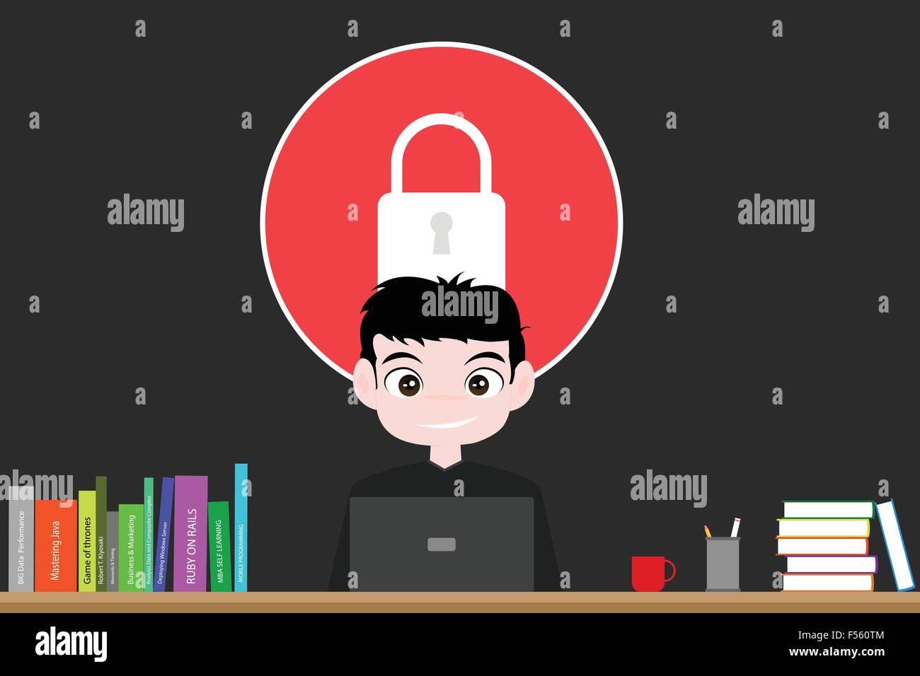 Sourire et hacker hacking de travail Illustration de Vecteur