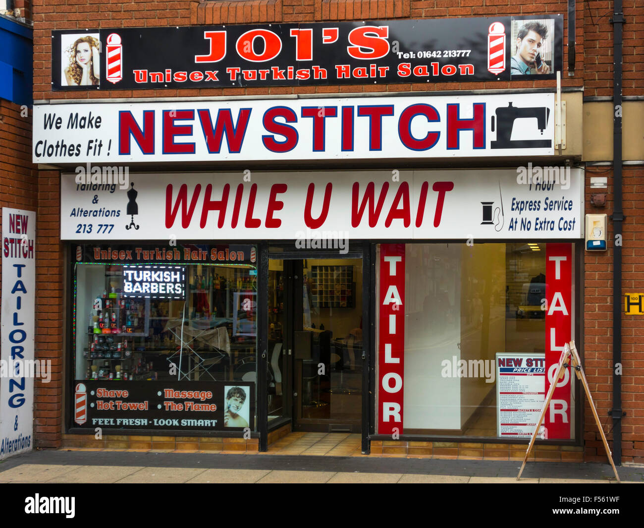 La boutique de coiffure turc à Middlesbrough UK offre également des modifications d'adaptation et de l'habillement Banque D'Images