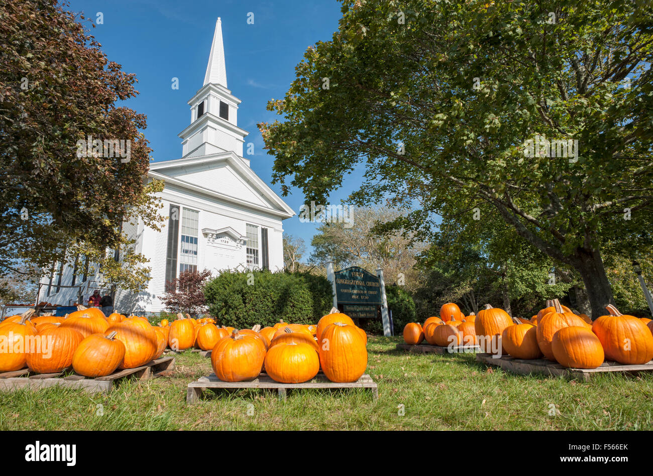 Citrouille citrouilles pour vente à la première Église congrégationaliste unie du Christ Chatham Massachusetts Cape Cod Banque D'Images