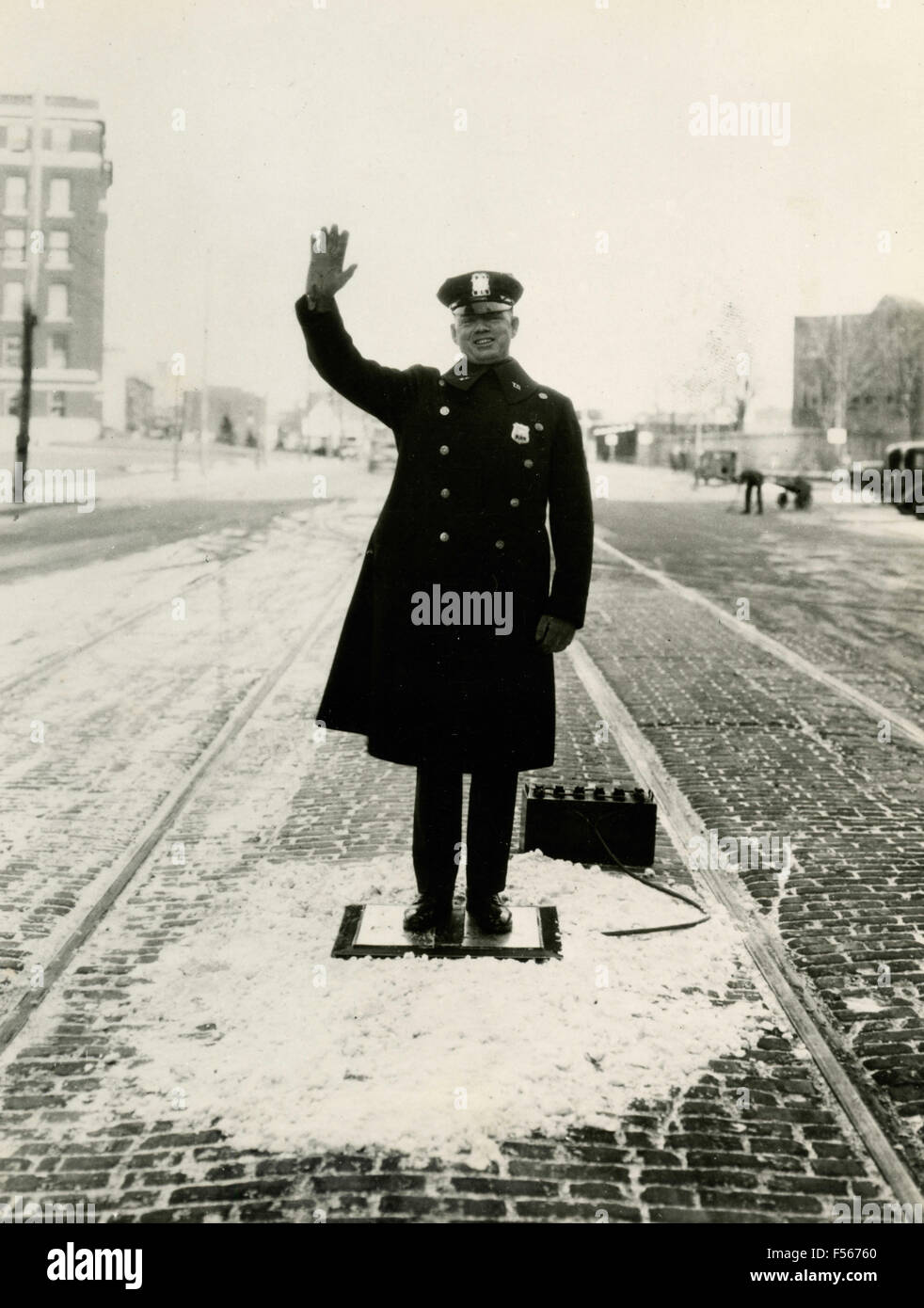 Policier avec chauffage pour les pieds, Schenectady, NY, USA Banque D'Images