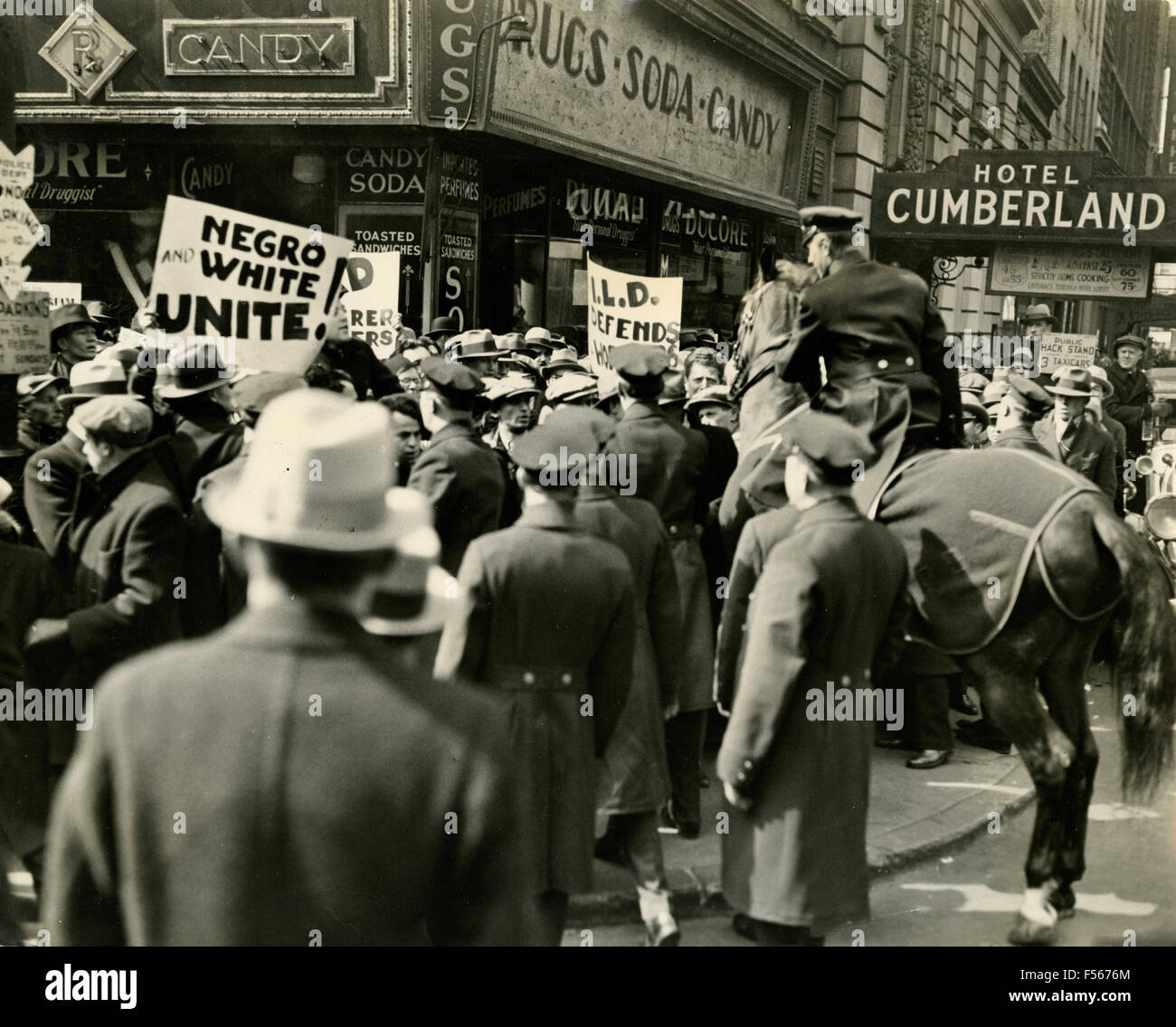 Affrontements entre policiers et manifestants chômeurs, NY, USA Banque D'Images
