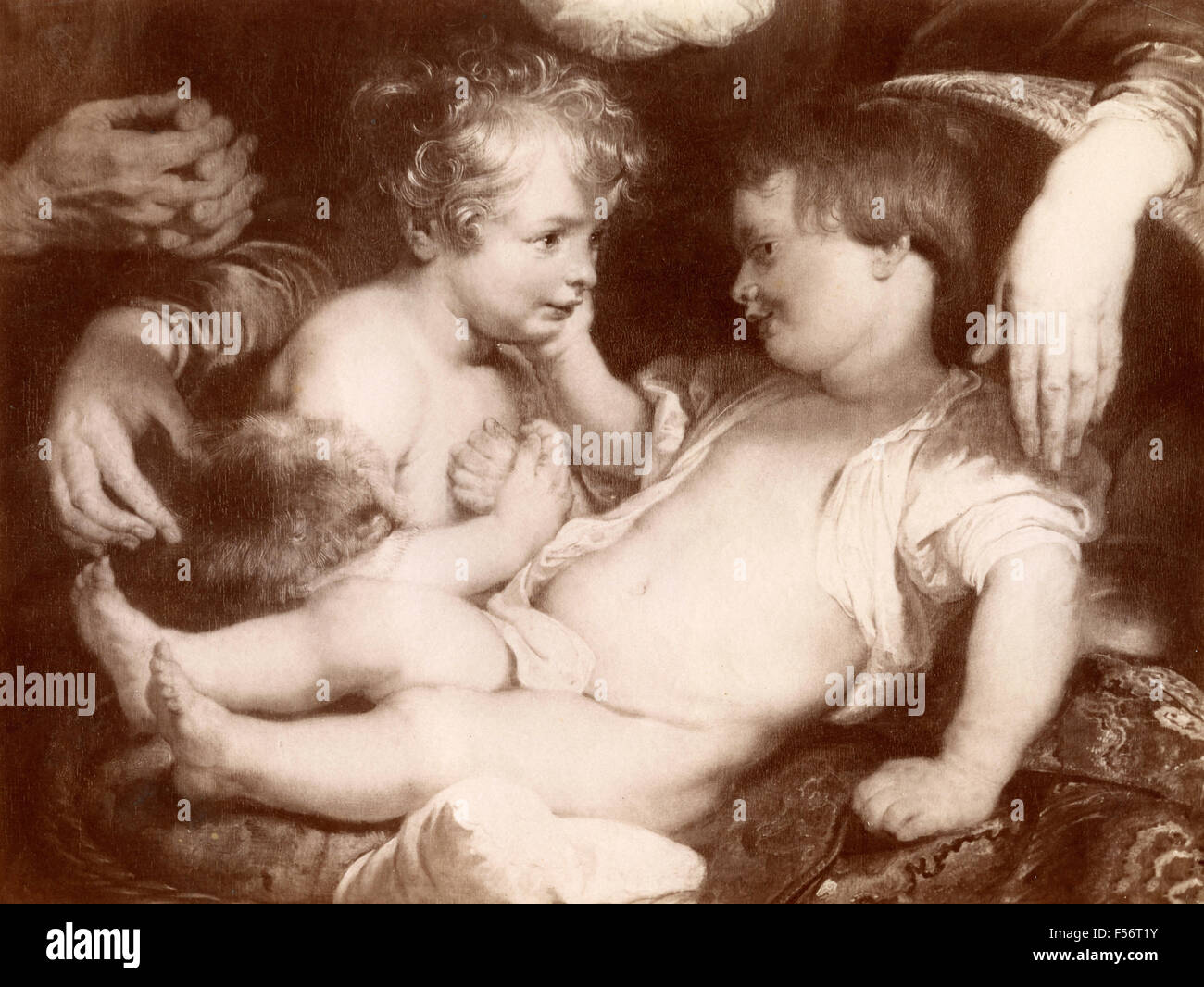 Enfant Jésus et saint Jean-Baptiste, détail de la Sainte Famille de Rubens, Galerie Pitti, Florence, Italie Banque D'Images