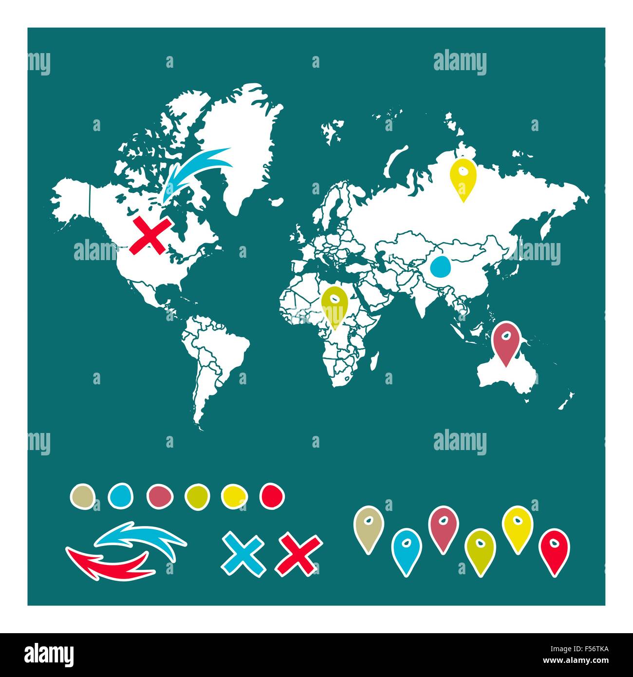 Carte du monde dessiné à la main avec les axes et les flèches vector design. Style Cartoon illustration de l'atlas. Billet d modèle d'affiche. Illustration de Vecteur