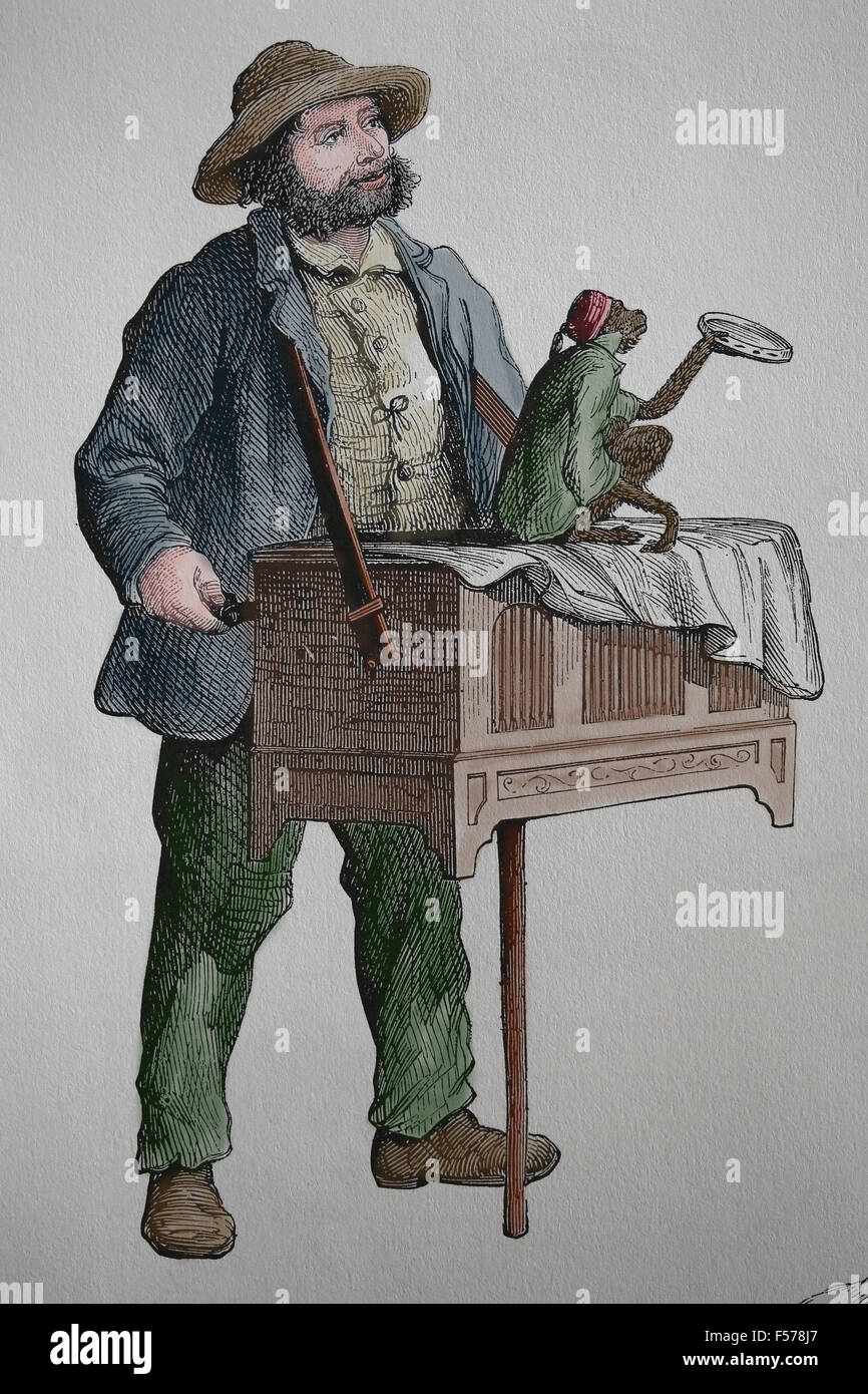 Un orgue de Barbarie avec un singe. La gravure. 19e siècle. La couleur. Banque D'Images