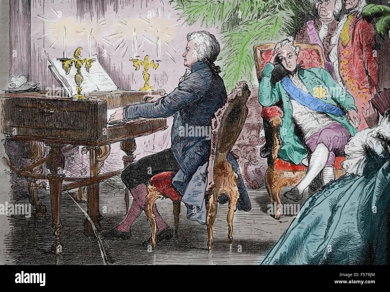Mozart (1756-1791) de jouer du piano avec la famille impériale (Joseph II, Saint Empereur romain). Vienne. Gravure de A. Closs. Banque D'Images