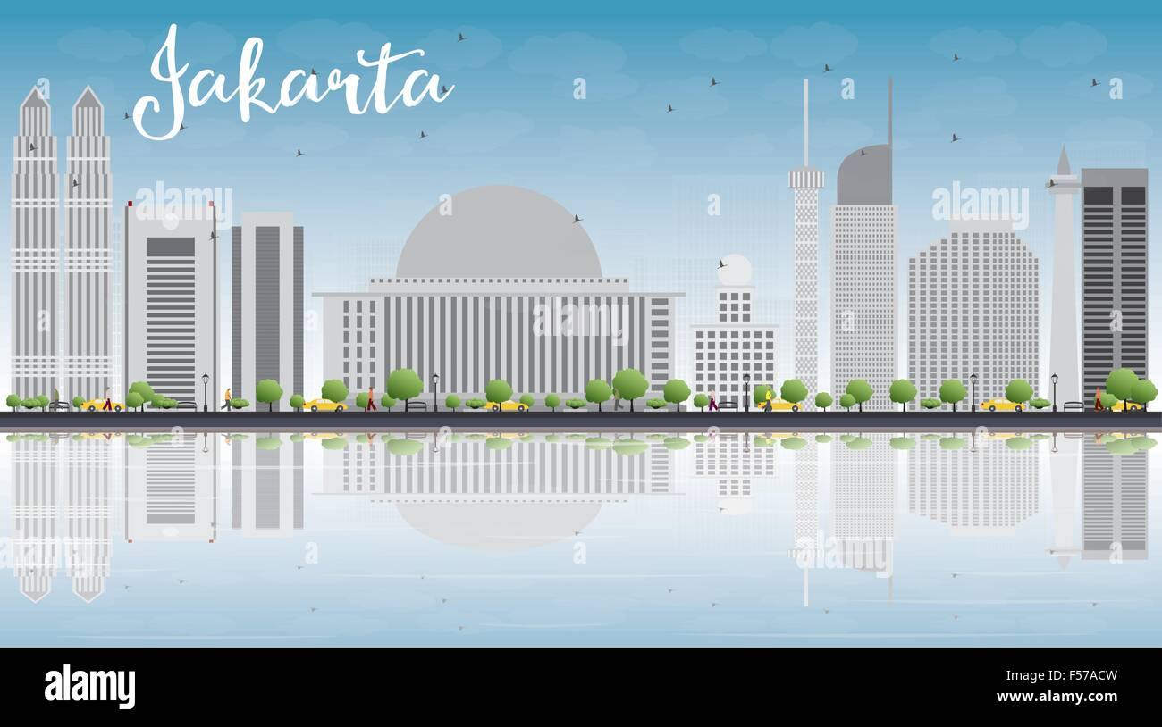 Jakarta skyline avec repères gris, ciel bleu et réflexions. vector illustration. Les voyages d'affaires et tourisme concept avec cop Illustration de Vecteur