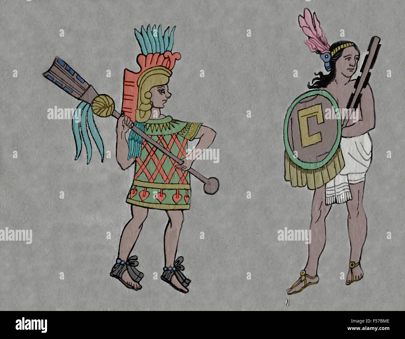 Armes. Guerrier aztèque avec quauhololli et Tlaxcaltec macuahuiti avec guerrier. Extrait de l'ancienne peinture mexicaine. La couleur. Banque D'Images