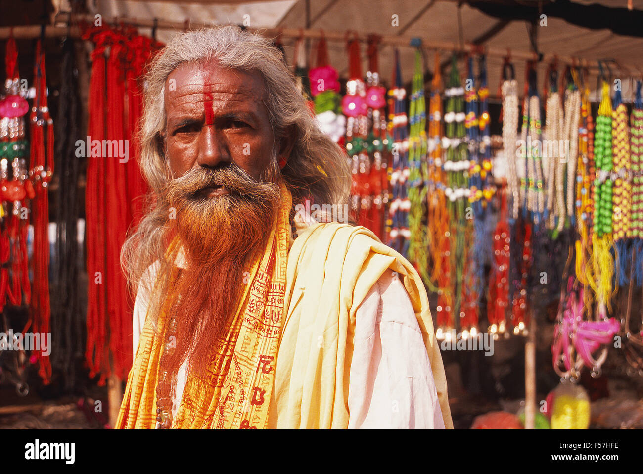L'homme hindou portant une longue barbe teints au henné à Pushkar (Inde) Banque D'Images