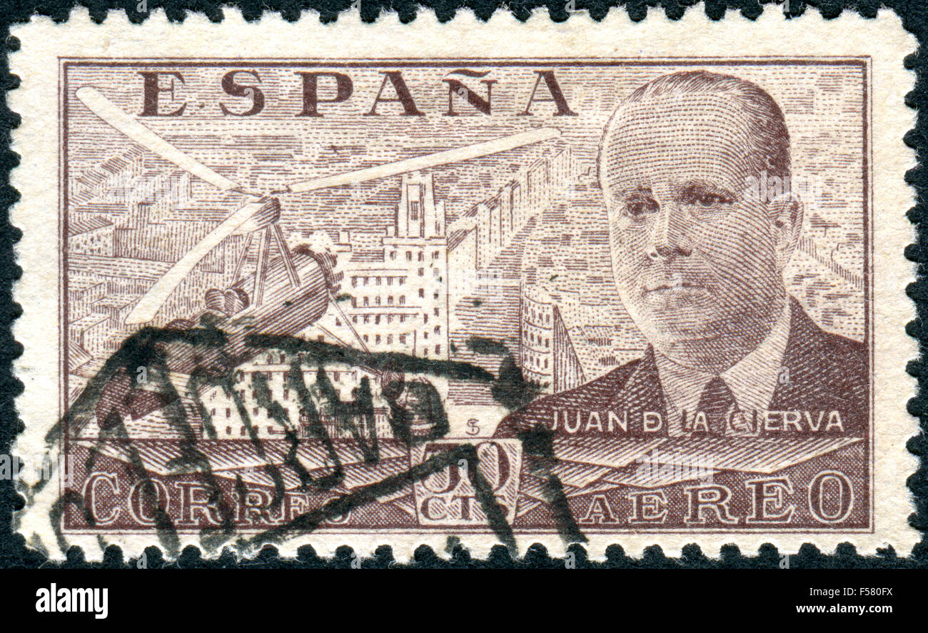 Espagne - circa 1939 : timbre-poste imprimé en Espagne, voir Juan de la Cierva Autogiro et son C-30 survolant Madrid, circa 1939 Banque D'Images