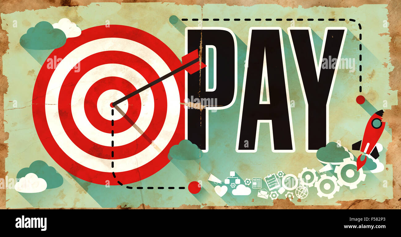 Concept de rémunération sur ancienne affiche en version plate avec cible rouge, roquette et flèche. Concept d'entreprise. Banque D'Images