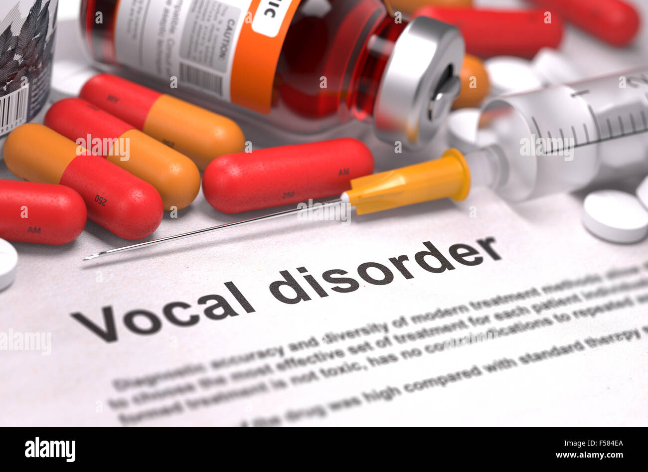 Le diagnostic - Trouble Vocal. Rapport médical avec la composition de médicaments - Rouge comprimés, d'injections et d'une seringue. Focus sélectif. Banque D'Images