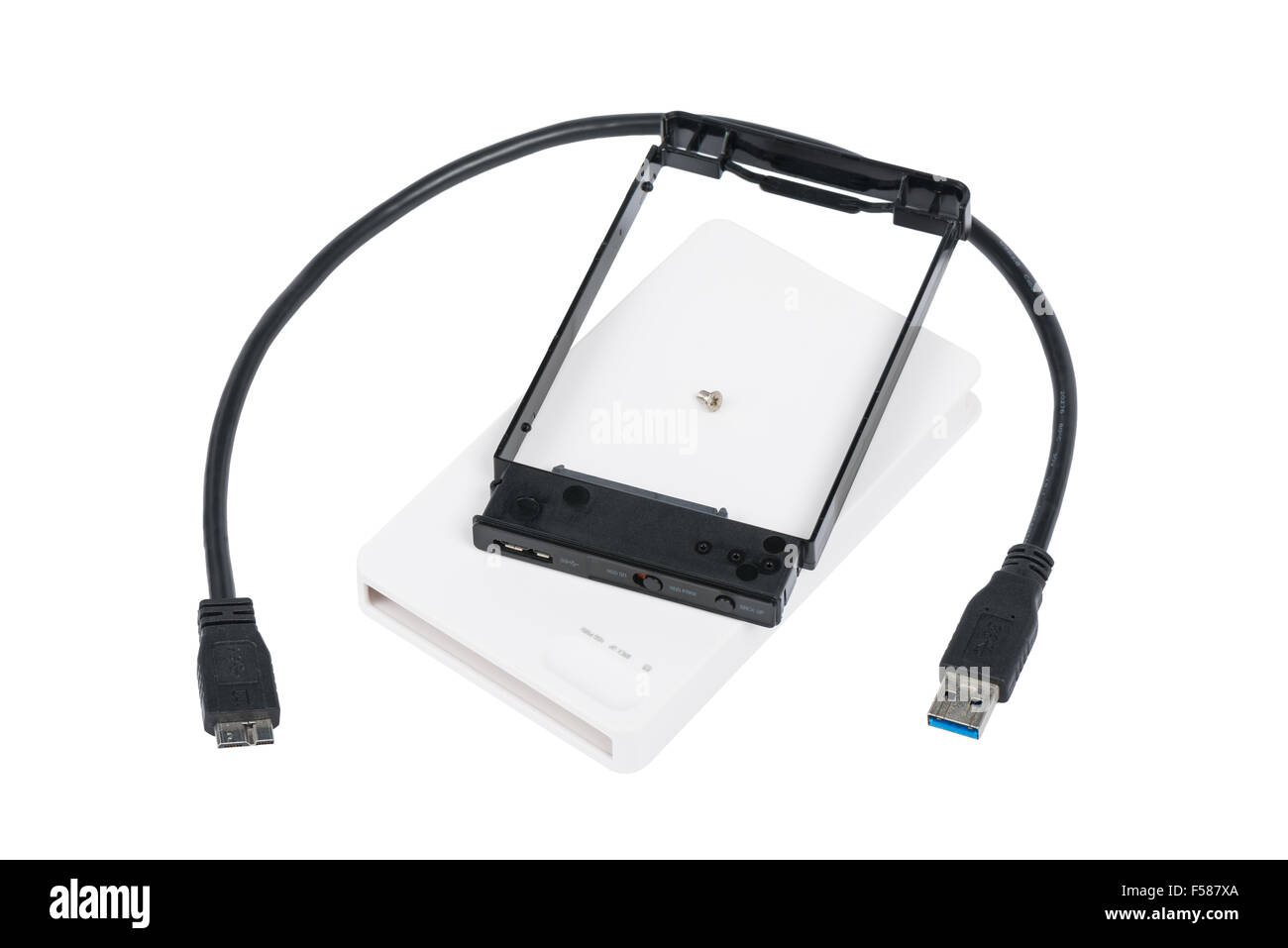 Composants de boîtier externe et un câble USB, isolé sur blanc. Banque D'Images