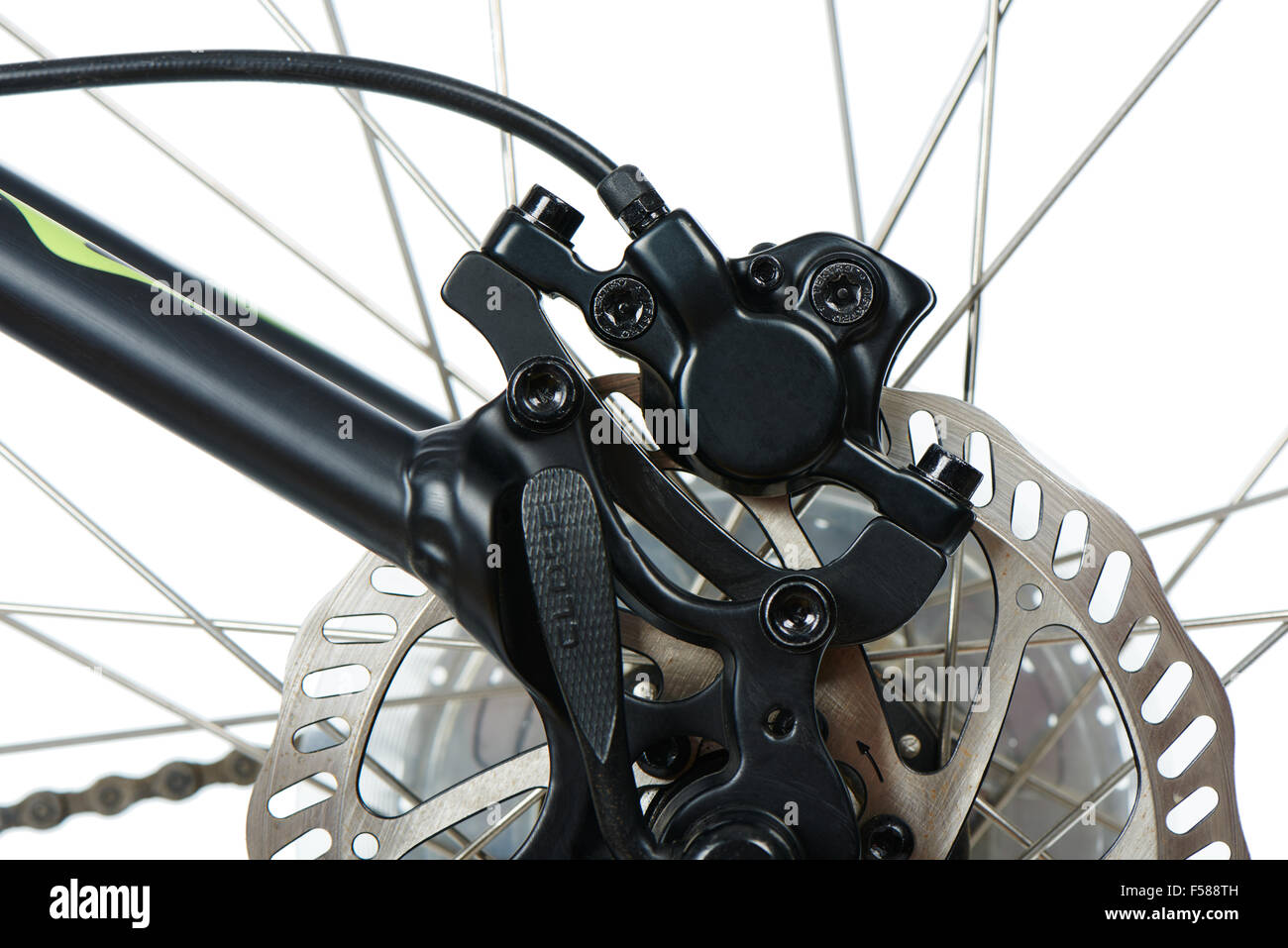 Frein à disque hydraulique arrière du rotor et de vélo de montagne (MTB), isolé sur blanc Banque D'Images