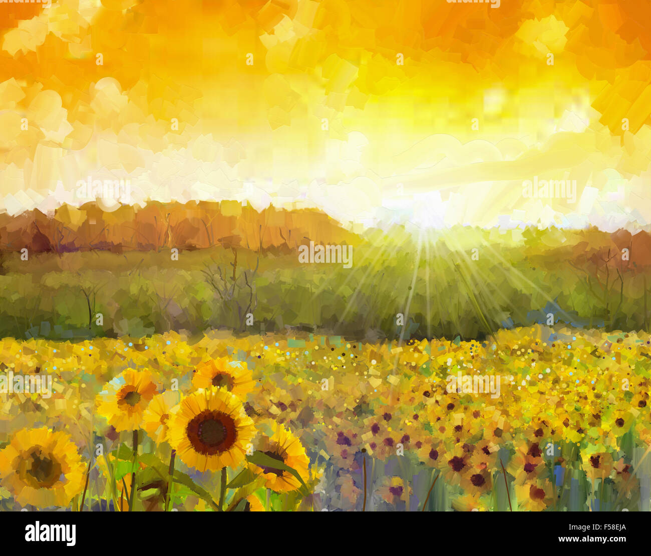 Fleur fleurs de tournesol. Peinture à l'huile d'un paysage rural coucher du soleil avec un champ de tournesol d'or Banque D'Images