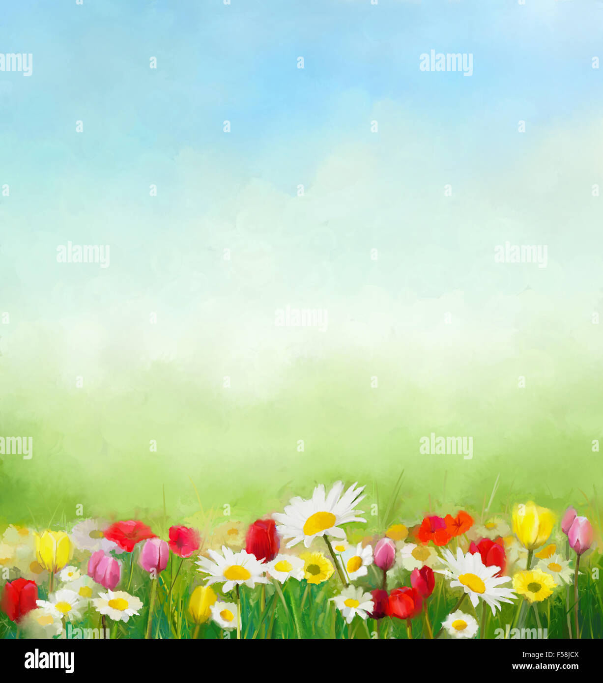 Fleurs Peinture à l'huile . Floral et vert nature composition pour l'arrière-plan avec sky Banque D'Images