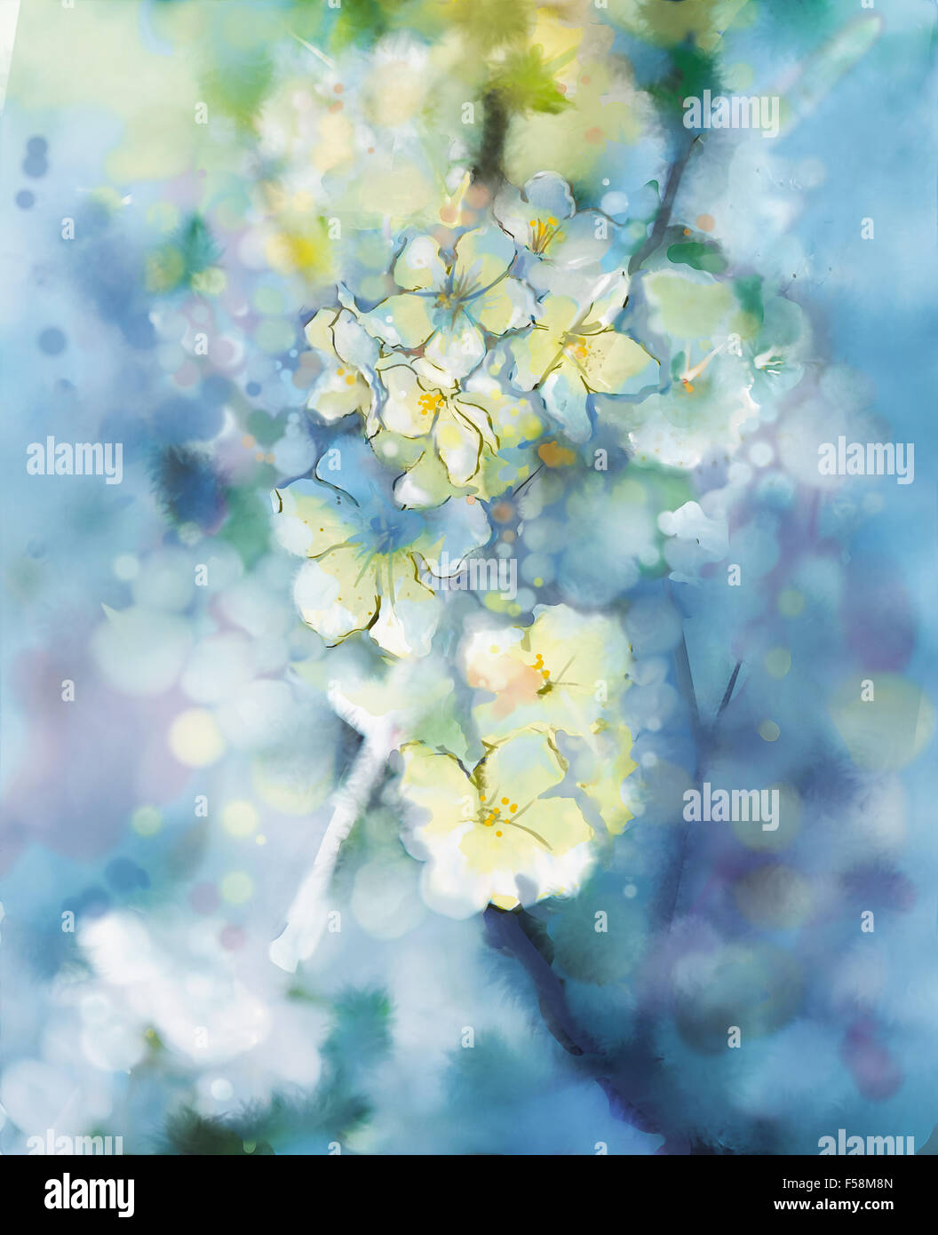 Résumé de l'aquarelle de l'abricotier en fleur blanc soft et coloré avec style flou flou,floral printemps natur saisonniers Banque D'Images