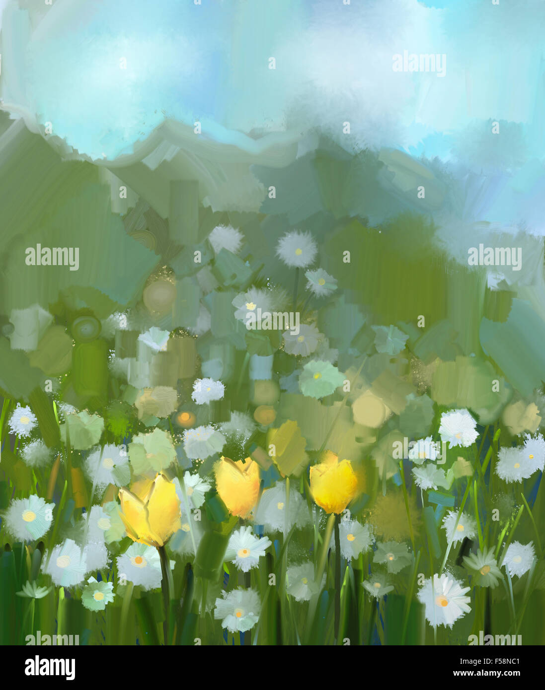 Peinture à l'huile domaine de tulipe jaune et blanc fleurs Daisy .peint à la main, dans des tons doux et floral style floral printemps floue .s Banque D'Images
