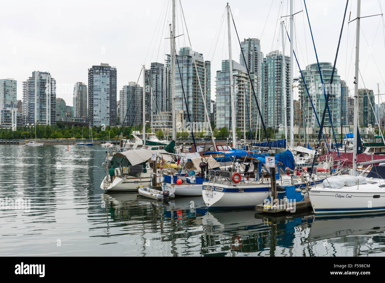 Bateaux au port de plaisance de l'épinette et du centre-ville de Vancouver False Creek, vu de Island Park à pied, Vancouver, BC, Canada Banque D'Images