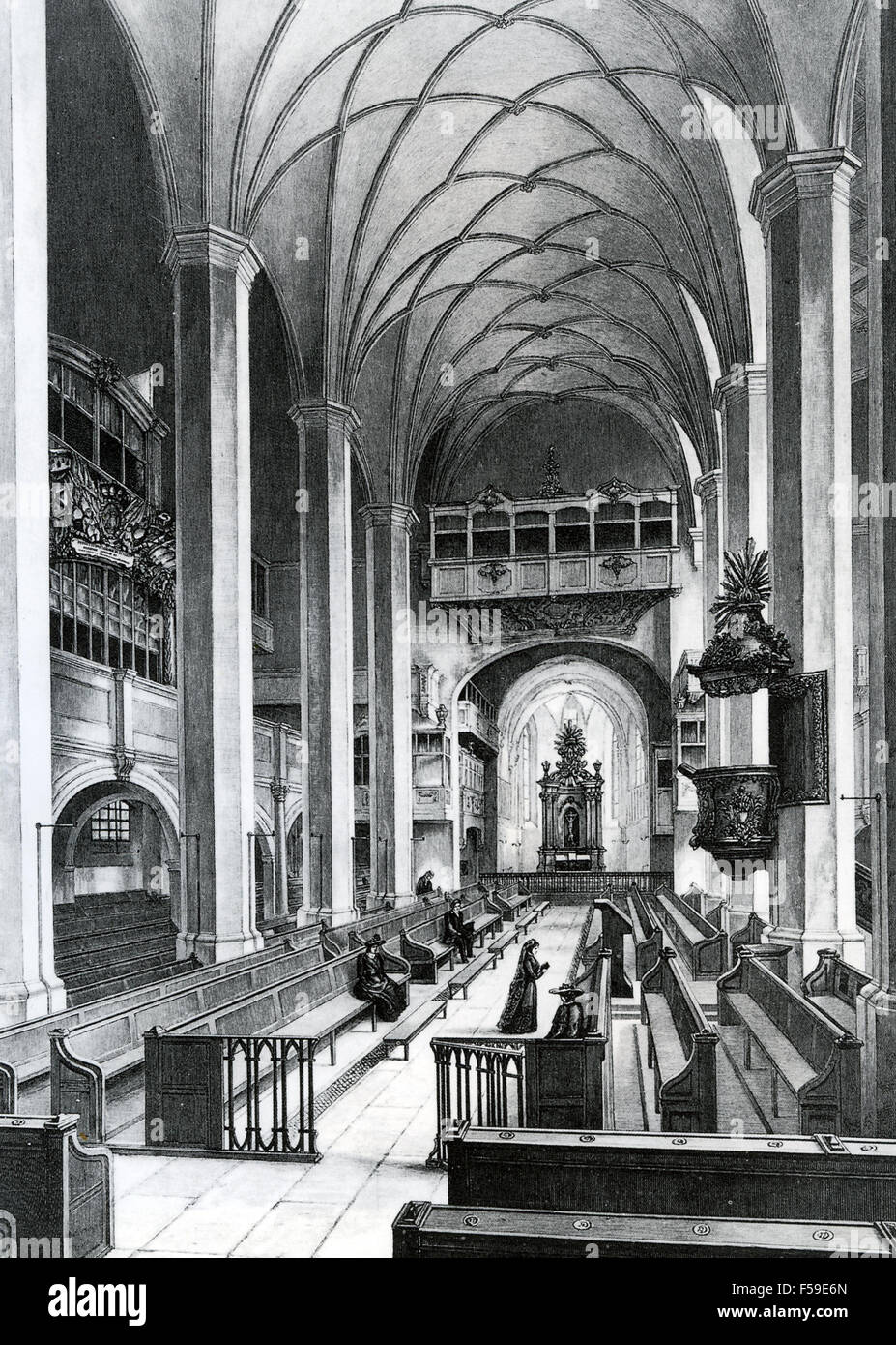 L'ÉGLISE ST THOMAS, LEIPZIG. Gravure de l'intérieur à propos de 1800. Bach a été chef de chœur à partir de 1723-1750 Banque D'Images