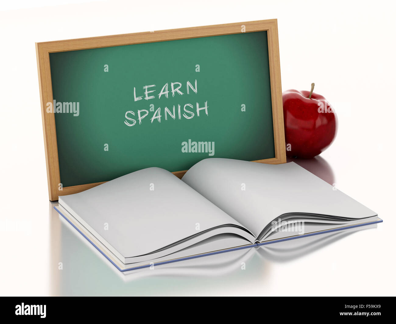 Moteur de rendu 3d illustration. Tableau noir avec livre ouvert et une pomme rouge. Apprendre l'espagnol concept sur fond blanc Banque D'Images