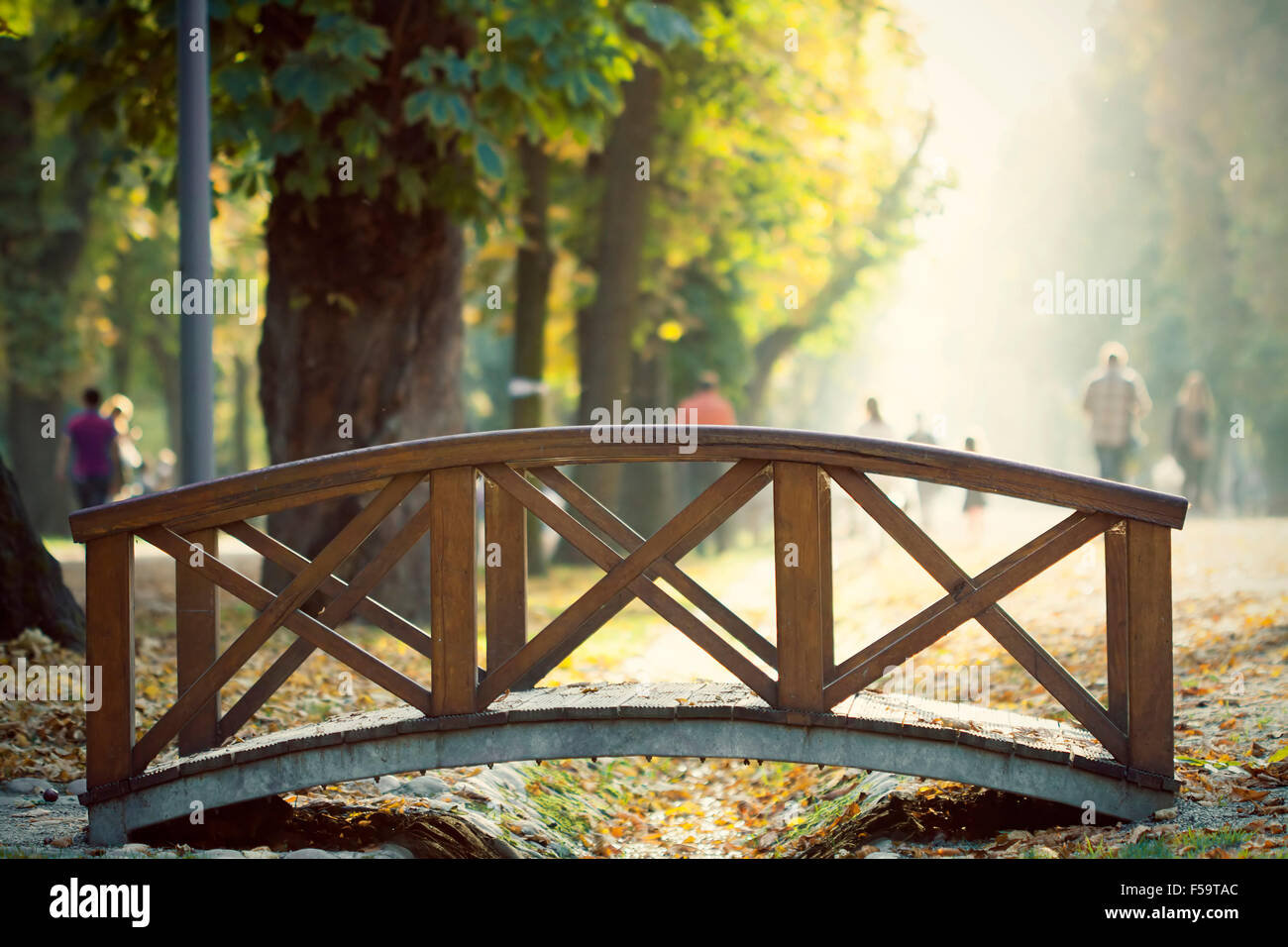 Pont de bois dans le parc de l'automne - photo vintage Banque D'Images