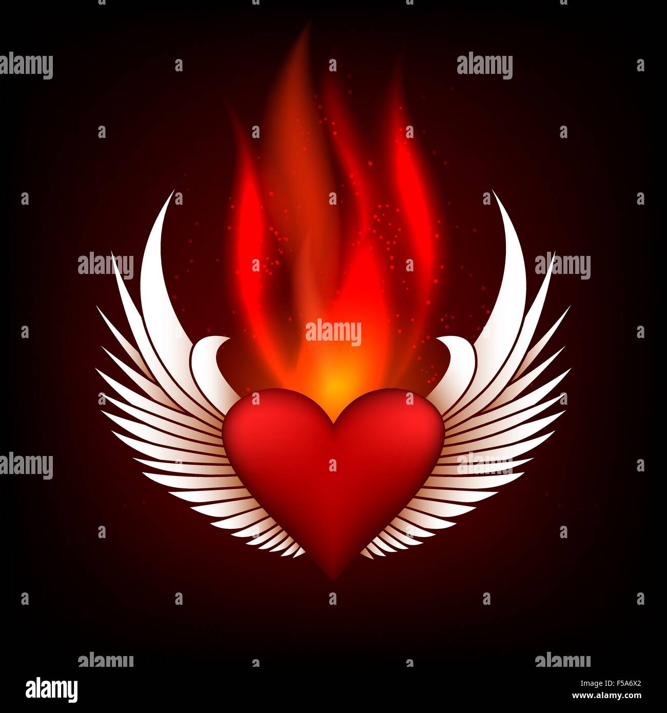 Burning Heart avec les ailes en conseils de la flamme. Grunge style. Illustration en couleur. Illustration de Vecteur