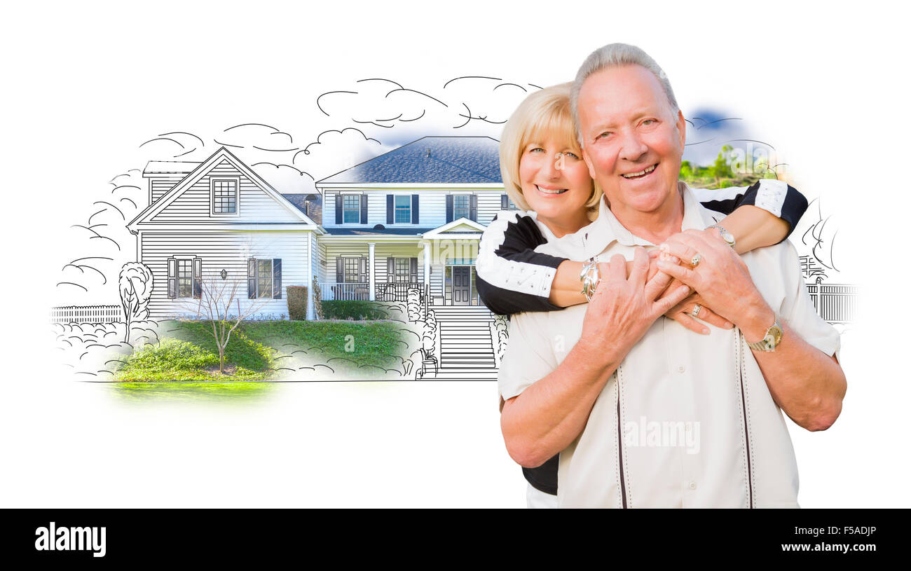 Happy Senior Couple Hugging Maison Sur Dessin et Photo Combinaison sur blanc. Banque D'Images