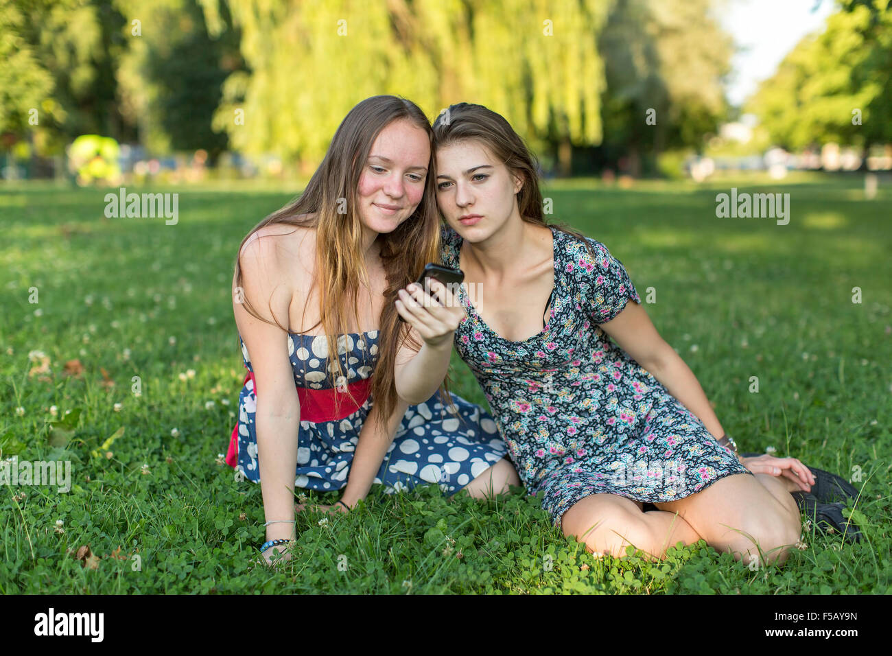 Les jeunes filles amies smartphone utiliser tout en restant assis sur une clairière dans le parc. Banque D'Images