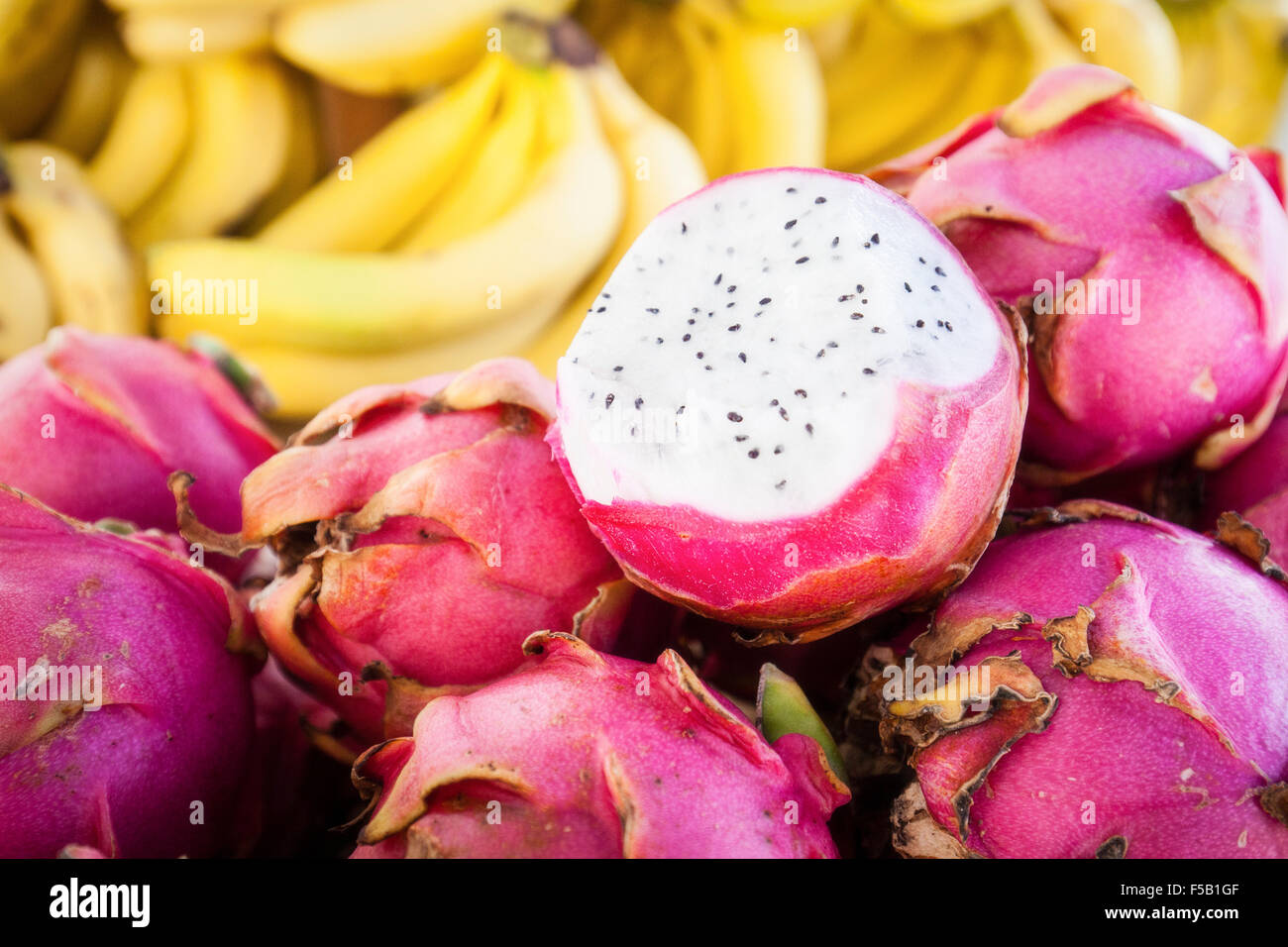 Pitaya ou 'dragon' Fruits du genre Hylocereus en Villahermosa, Tabasco, Mexique marché. Banque D'Images