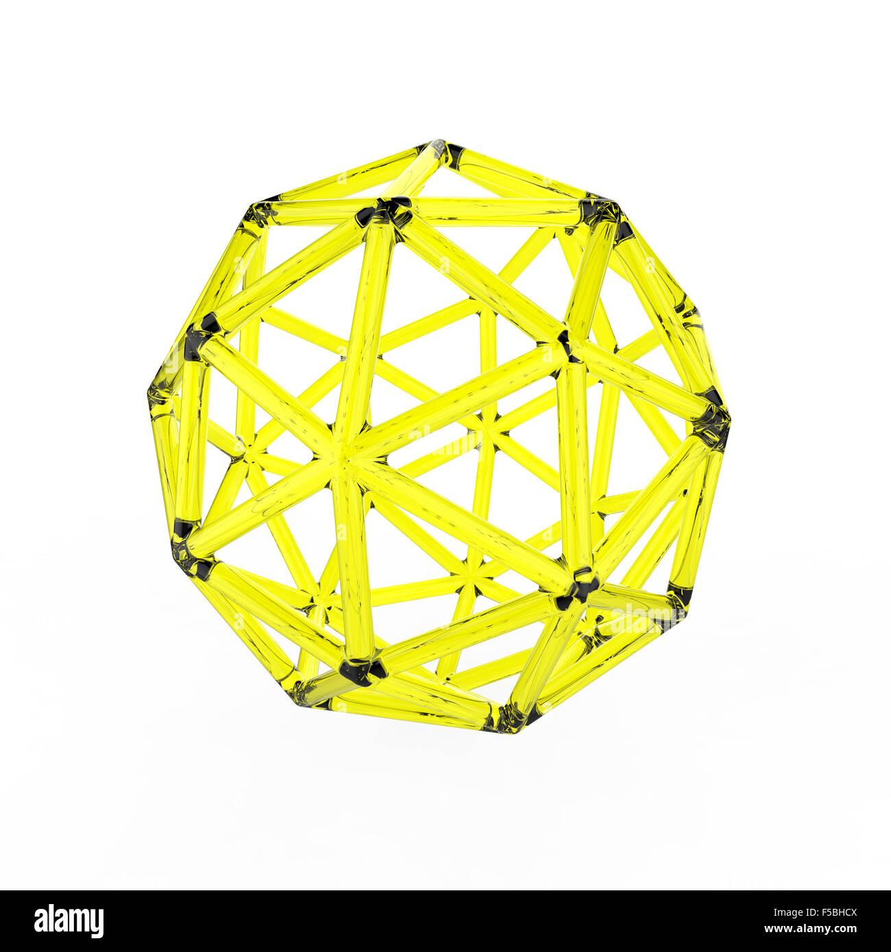 Verre en plastique jaune 3d dodécaèdre pentakis avec cadre transparent sur fond blanc Banque D'Images