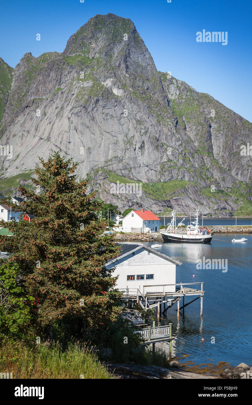 Pittoresque ville de pêcheurs Reine par le fjord sur îles Lofoten en Norvège Banque D'Images