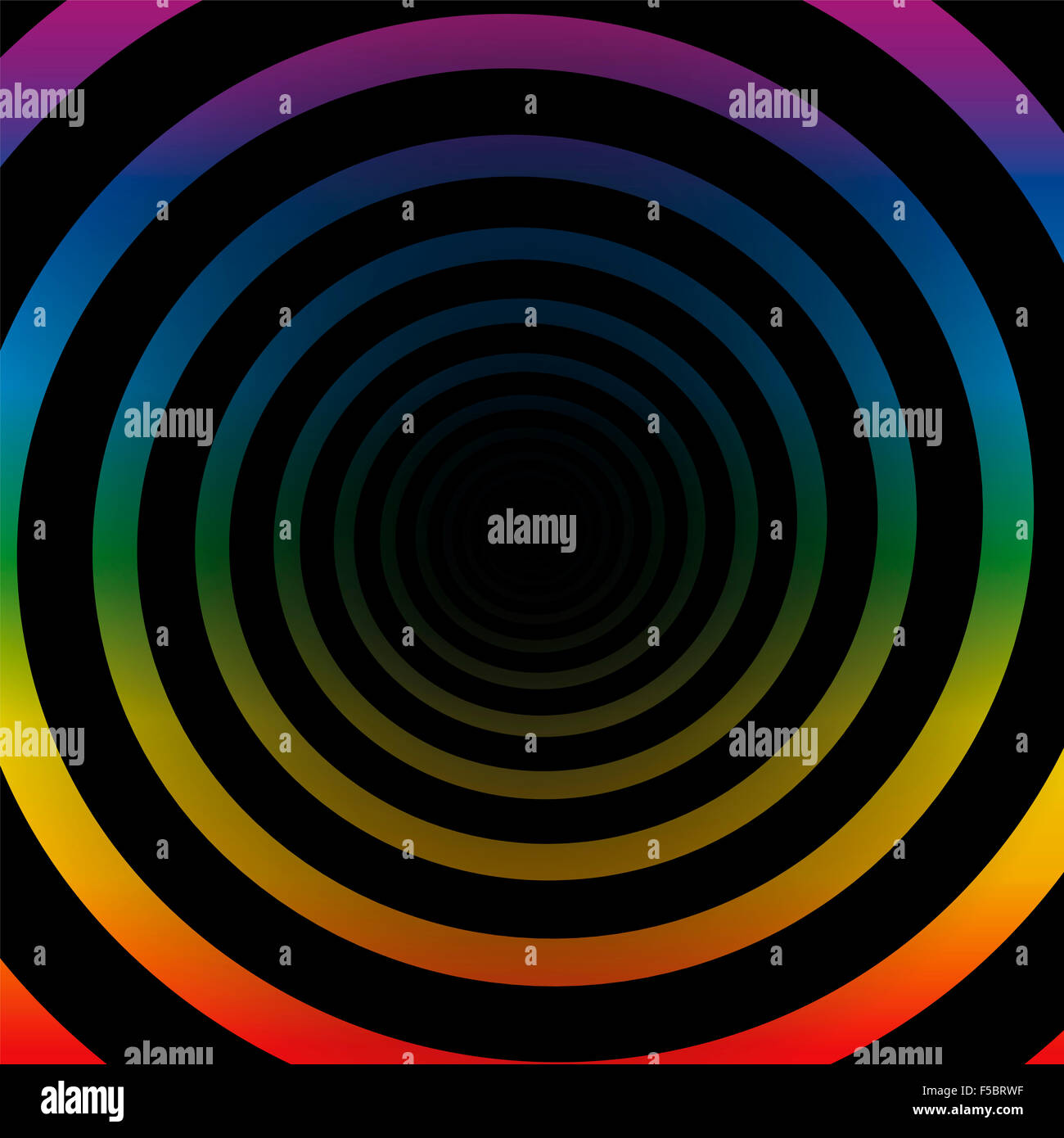 Tunnel en spirale, couleurs arc-en-ciel, noir, centre de gradient tridimensionnel. Banque D'Images