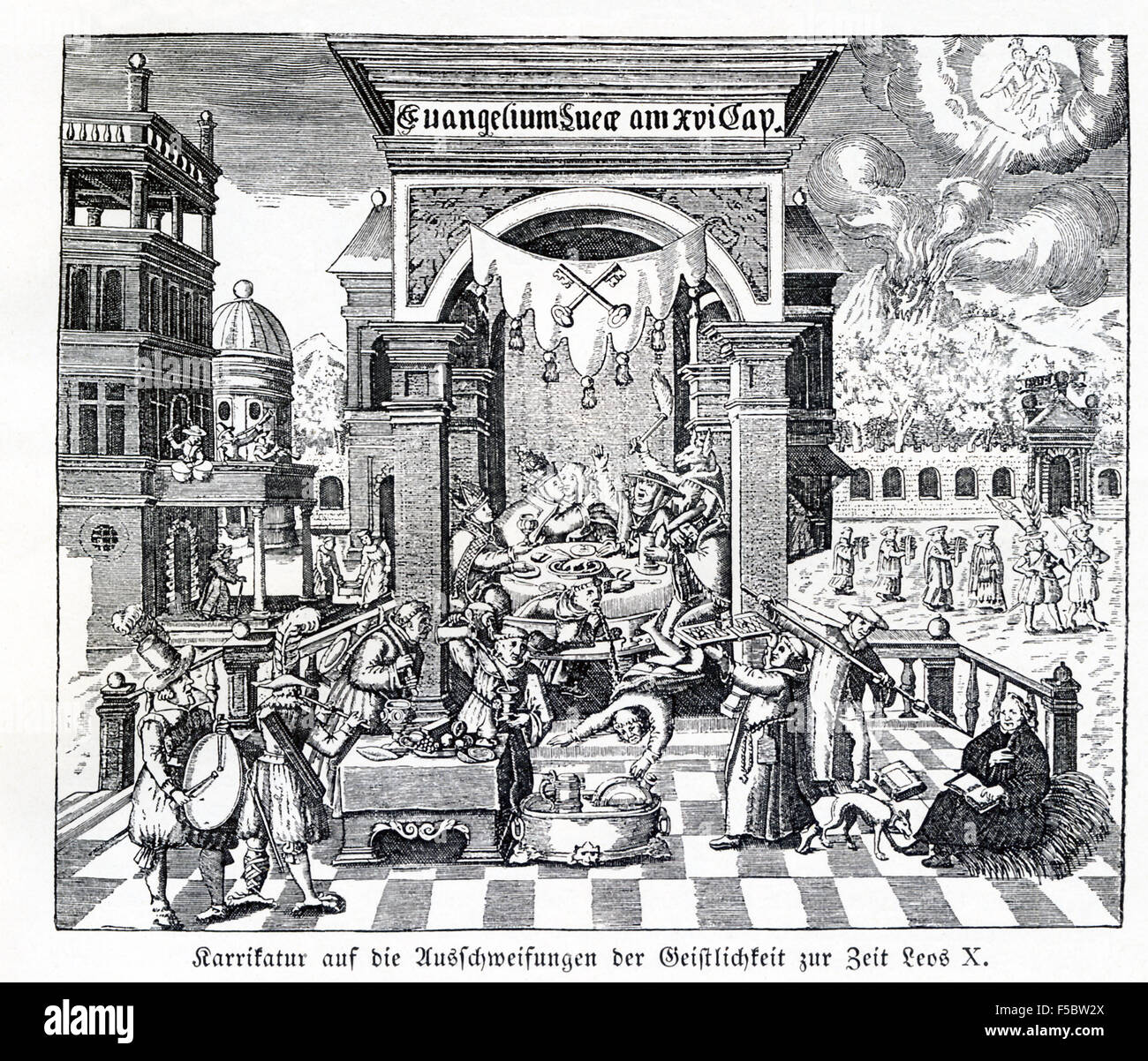 Cette illustration est une caricature de la débauche spirituelle du clergé à l'époque du Pape Léon X (1513-1521). Il a accordé des indulgences à ceux qui ont contribué à la construction spéciale pour la Basilique de Saint Pierre. Pendant son temps en tant que Pape, la Réforme protestante a commencé. Banque D'Images