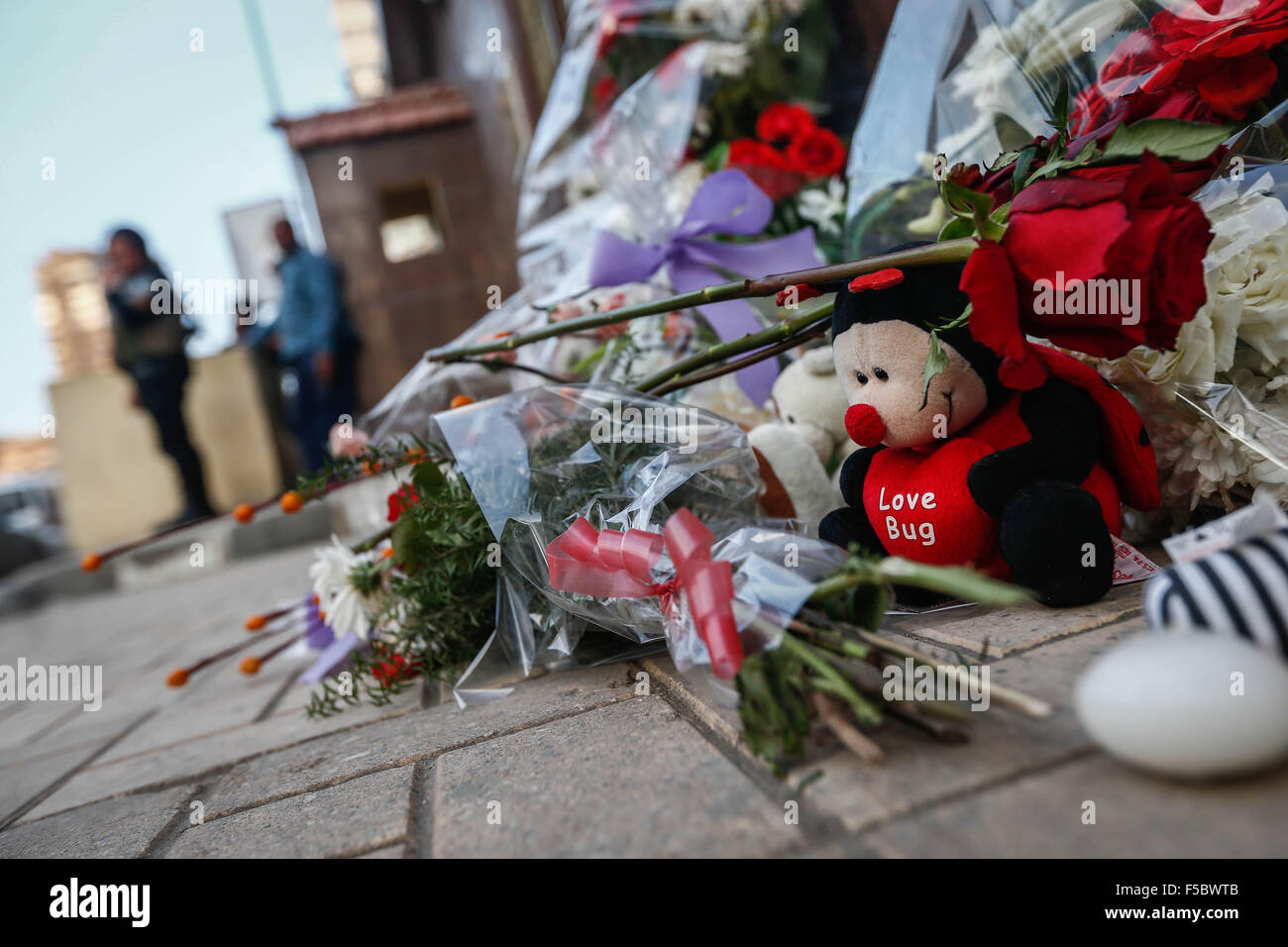 Le Caire, Égypte. 1er novembre 2015. Des fleurs et un ours en peluche sont vues portées par pleureuses pour rendre hommage aux victimes l'accident d'avion en face de l'ambassade de Russie au Caire, en Egypte, le 1 novembre, 2015. Les enquêteurs égyptiens et internationaux le dimanche ont commencé à sonder les raisons de Londres c'est la Fédération de la péninsule du Sinaï en Égypte le samedi qui a tué tous les 224 à bord. © Cui Xinyu/Xinhua/Alamy Live News Banque D'Images